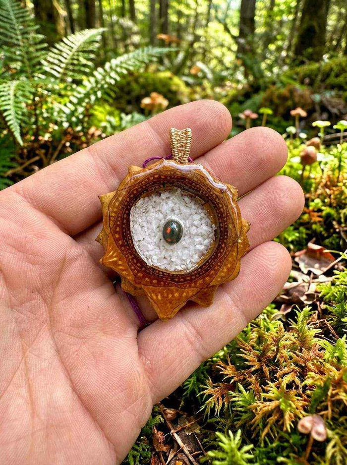 Black Fire Opal Pendant - Enchanting Handmade Pinecone Jewelry for Nature Lovers