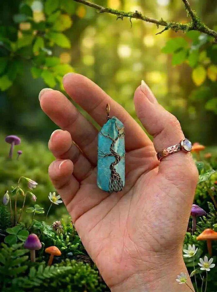 Blue Crystal Tree of Life Pendant | Antiqued Copper Wire Wrap Jewelry