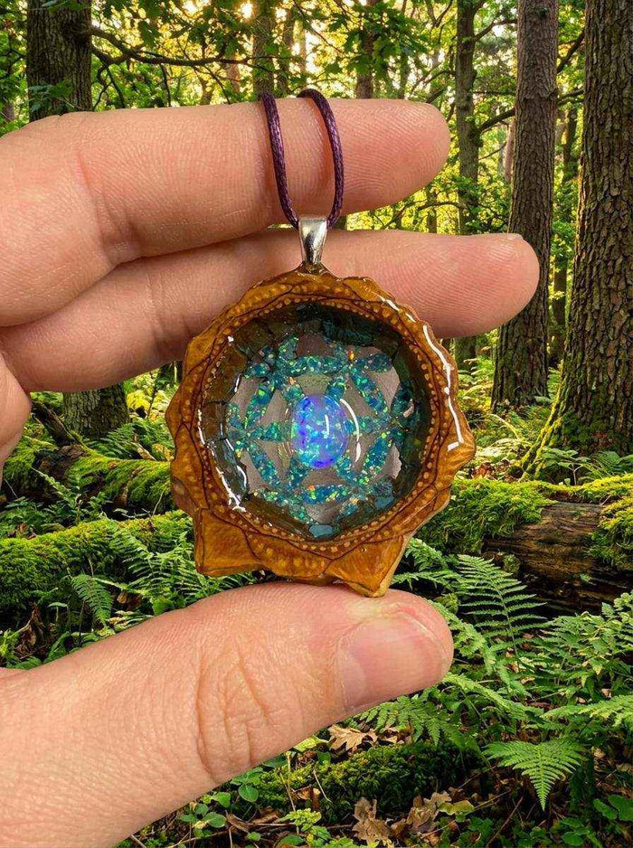 Captivating Fire Opal Pendant: Flower of Life Pinecone Jewelry for Nature Lovers