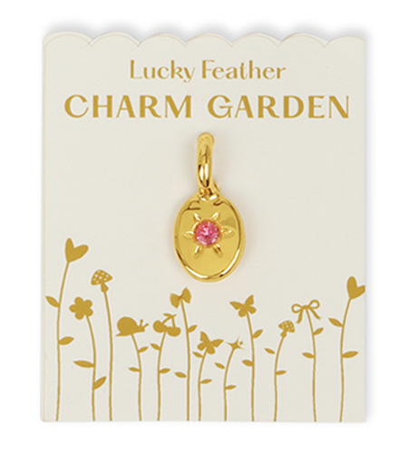 A golden charm with a pink gem is displayed on a decorative 'Lucky Feather CHARM GARDEN' card.