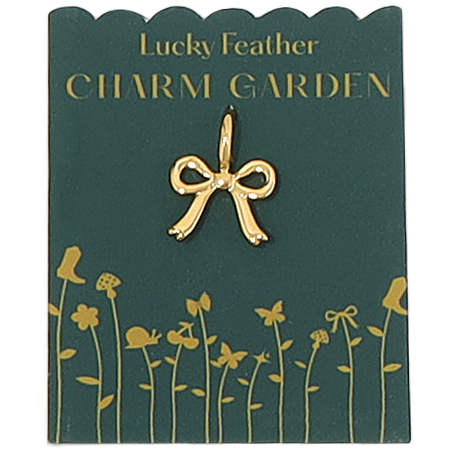 A 'Lucky Feather Charm Garden' card holds a gold bow charm.