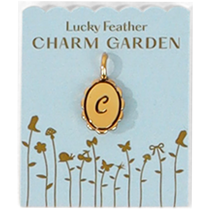 Lucky Feather Charm Garden tag featuring a gold-toned letter 'C' charm and illustrative floral decorations.