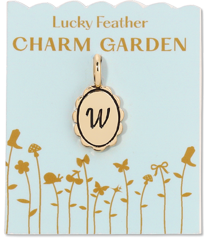 A 'Lucky Feather Charm Garden' charm with the letter 'W' on a light blue card.