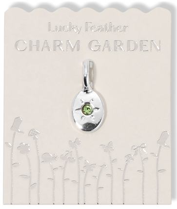 A Lucky Feather Charm Garden card displays a silver-colored charm with a green stone.