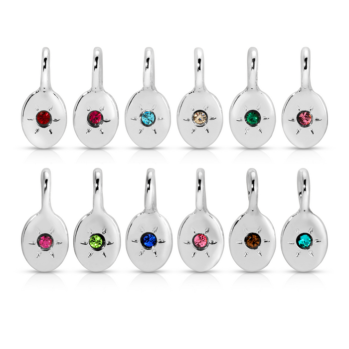 The image shows an arrangement of twelve silver pendants, each featuring a different colored gemstone.