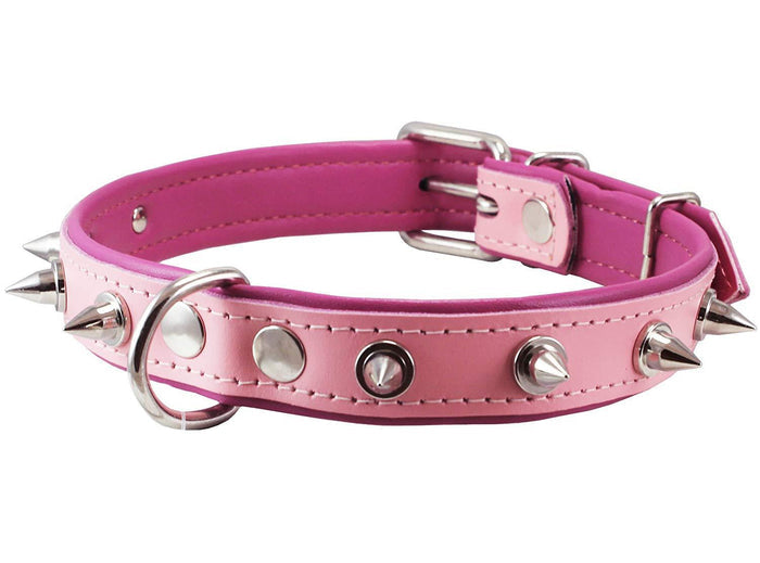 Dogs My love Spiked Genuine Leather Dog Collar Padded Baby Pink/Pink