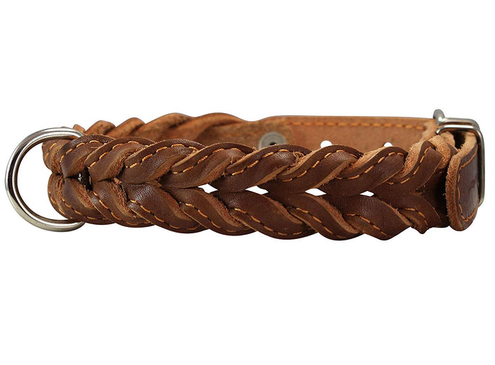 Genuine Leather Braided Dog Collar 17"-21" Neck, 1" Wide, Brown