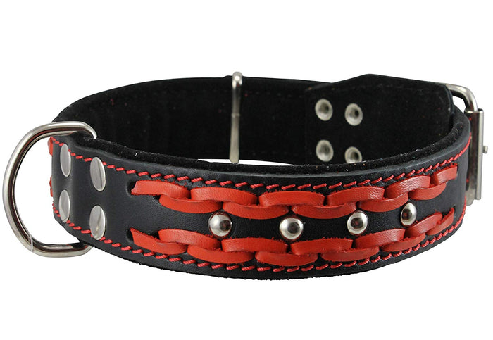 Genuine Leather Braided Studded Dog Collar, Red on Black 1.5" Wide. Fits 17"-22" Neck.