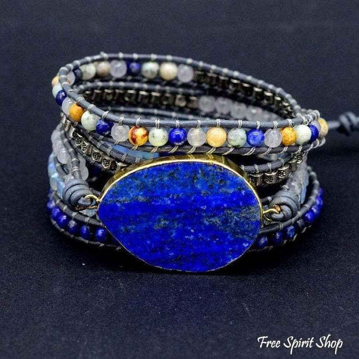 Lapis Lazuli Stone Leather Wrap Bracelet