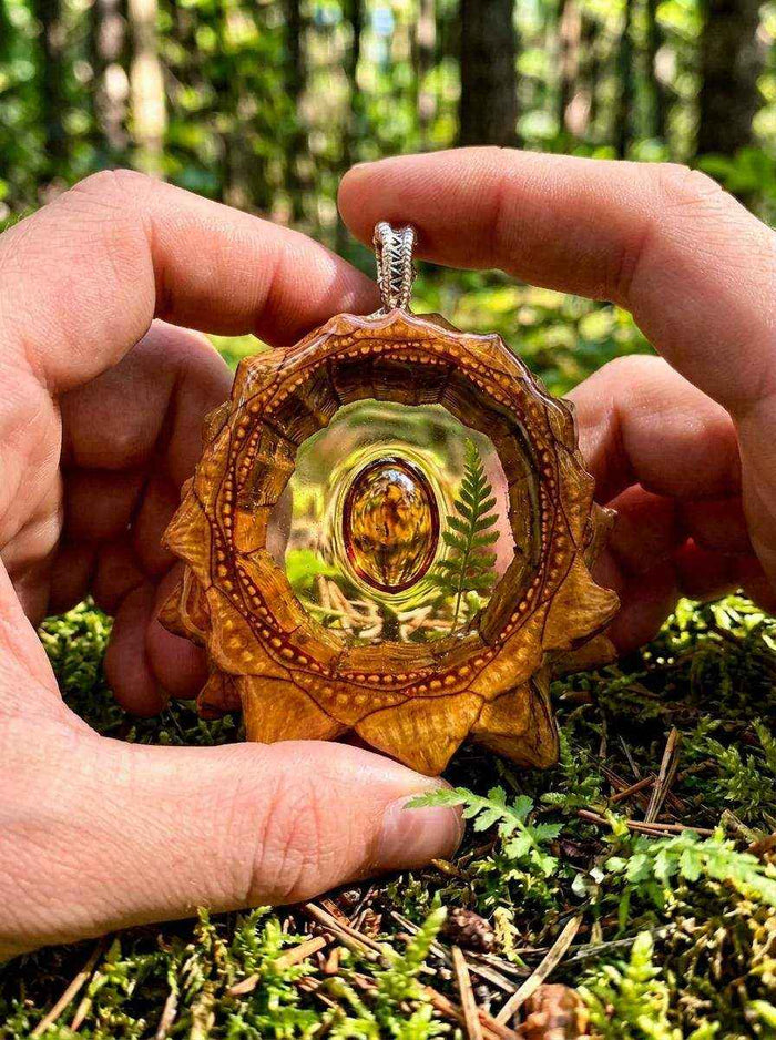 Pinecone Pendant with Amber | Handmade PNW Jewelry | #51