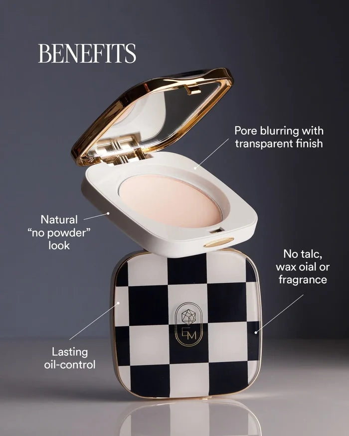 Infographic on benefits of EM Cosmetics Portrait Mode Setting Powder
