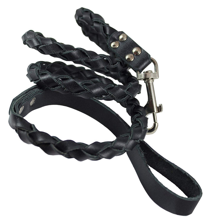 Round Fully Braided Genuine Leather Dog Leash, 4 Ft x 5/8" (15mm), Medium Breeds