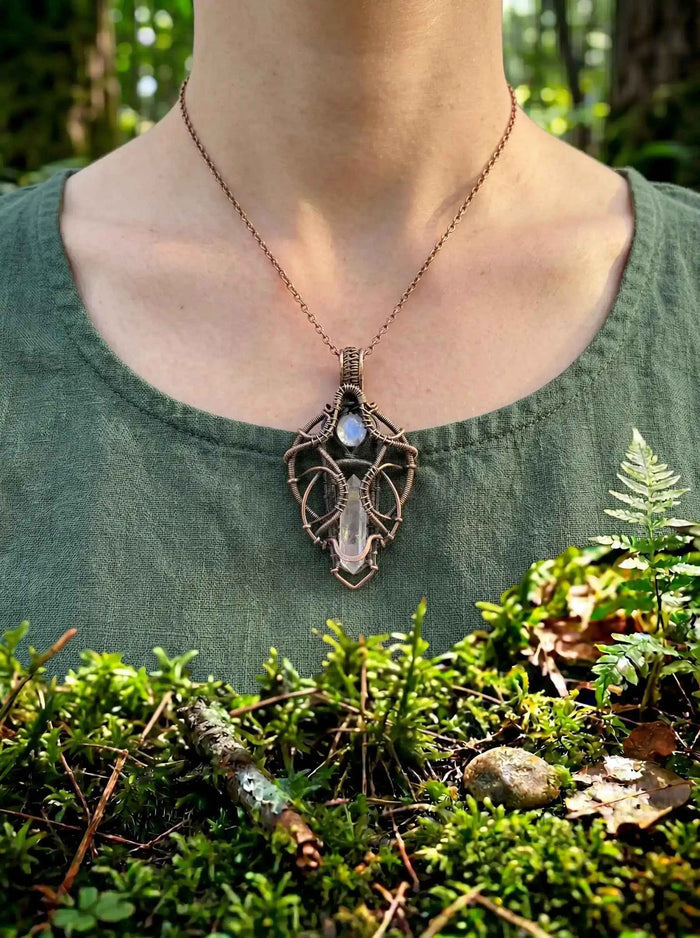Wire Wrapped Crystal Pendant | Steampunk Forest Arcane Talisman Necklace