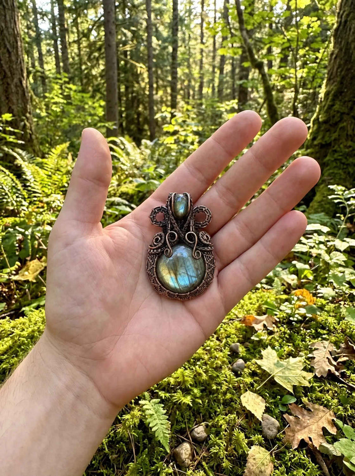 Wire Wrapped Grove Sentinel Pendant – Labradorite Crystal Necklace, Handmade Copper Statement Jewelry