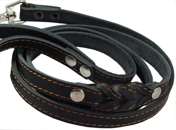 6' Genuine Leather Braided Dog Leash Black 3/4" Wide for Largest Breeds