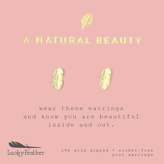 Image promoting 14k gold dipped, nickel-free post earrings from Lucky Feather, with text and feather graphics on a pink background.