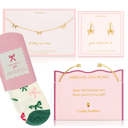 The image shows jewelry and socks from Lucky Feather, all presented as gifts.