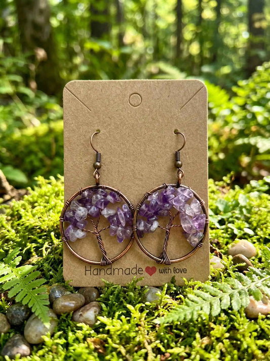 Amethyst Tree of Life Earrings – Handmade Boho Dangle Jewelry