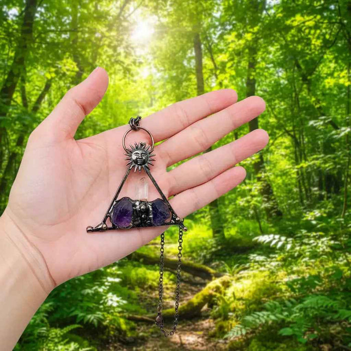 Amethyst White Crystal Sun God Triangle Charm Necklace -CS