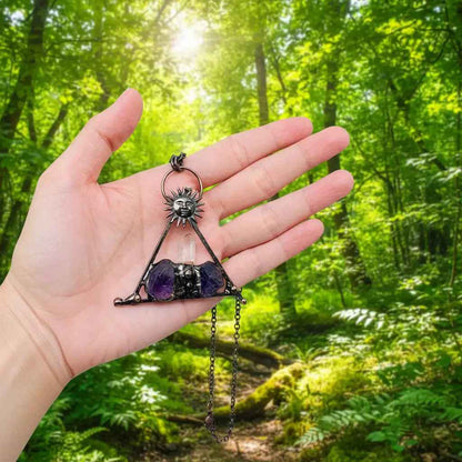 Amethyst White Crystal Sun God Triangle Charm Necklace -CS