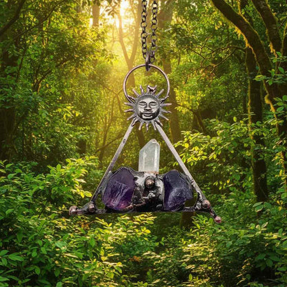 Amethyst White Crystal Sun God Triangle Charm Necklace -CS