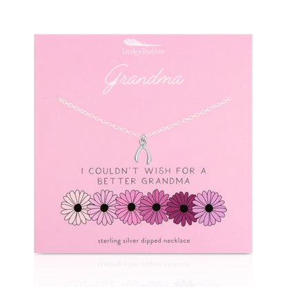 Sterling silver wishbone necklace on a pink card for Grandma.