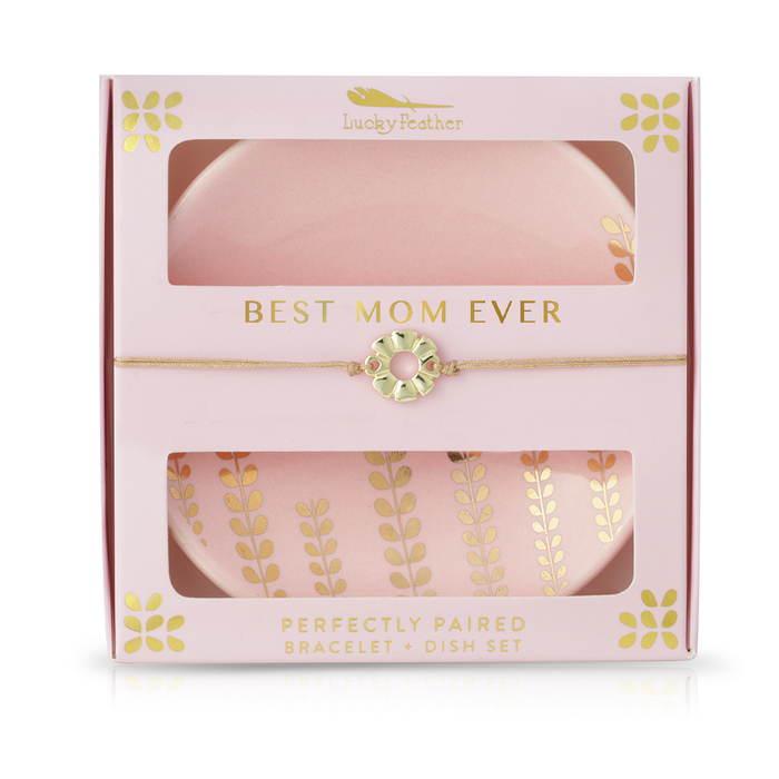 Boxed Lucky Feather 'Best Mom Ever' gift set containing a flower bracelet and decorated dishes.
