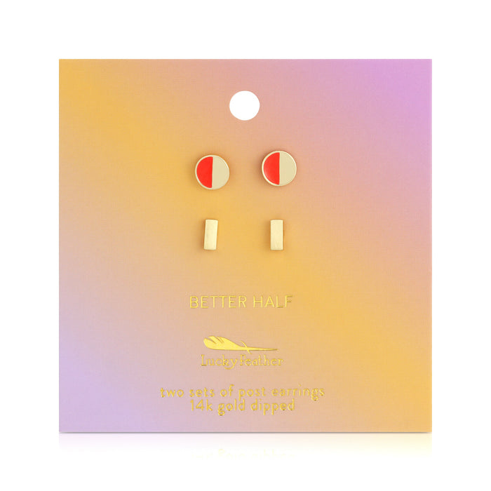 Two sets of post earrings are displayed on a pink, yellow, and orange gradient card.