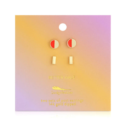 Two sets of post earrings are displayed on a pink, yellow, and orange gradient card.