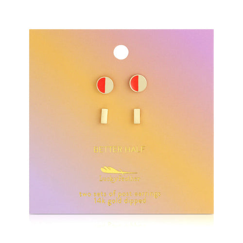Two sets of post earrings are displayed on a pink, yellow, and orange gradient card.