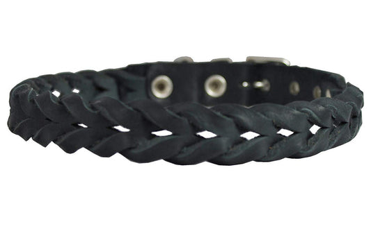 Black Genuine Leather Braided Dog Collar Braided 1" Wide, Fits 18"-21.5" Neck, Medium