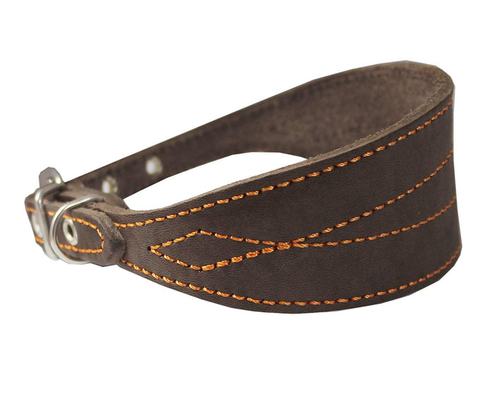 Brown Real Leather Tapered Extra Wide Whippet Dog Collar 2" Wide, Fits 11.5"-15" Neck, Medium