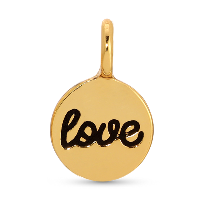 A gold round pendant with the word 'love' written in black cursive.