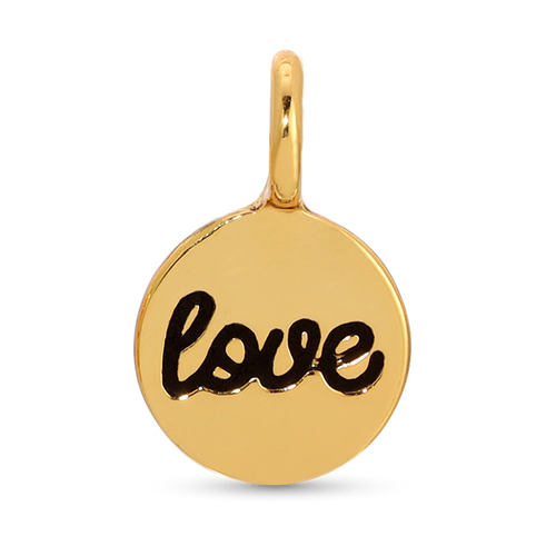 A gold round pendant with the word 'love' written in black cursive.