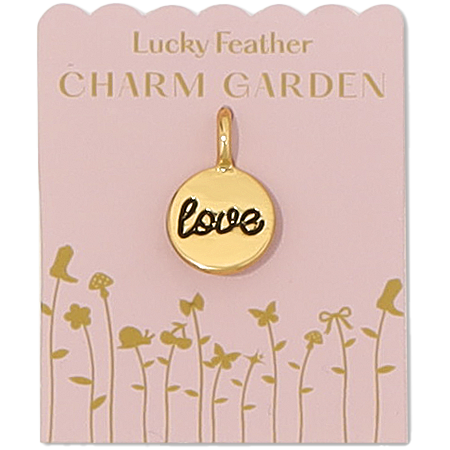 A 'Lucky Feather Charm Garden' card featuring a gold charm with the word 'love' written on it.