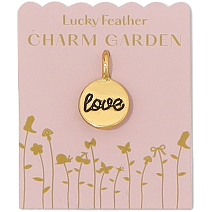 A 'Lucky Feather Charm Garden' card featuring a gold charm with the word 'love' written on it.