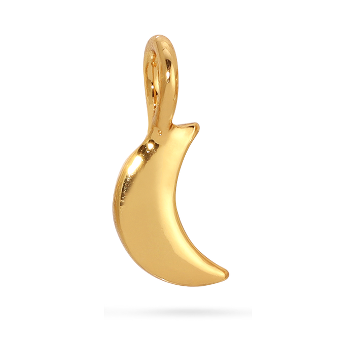 Close-up of a shiny gold crescent moon charm with a loop.