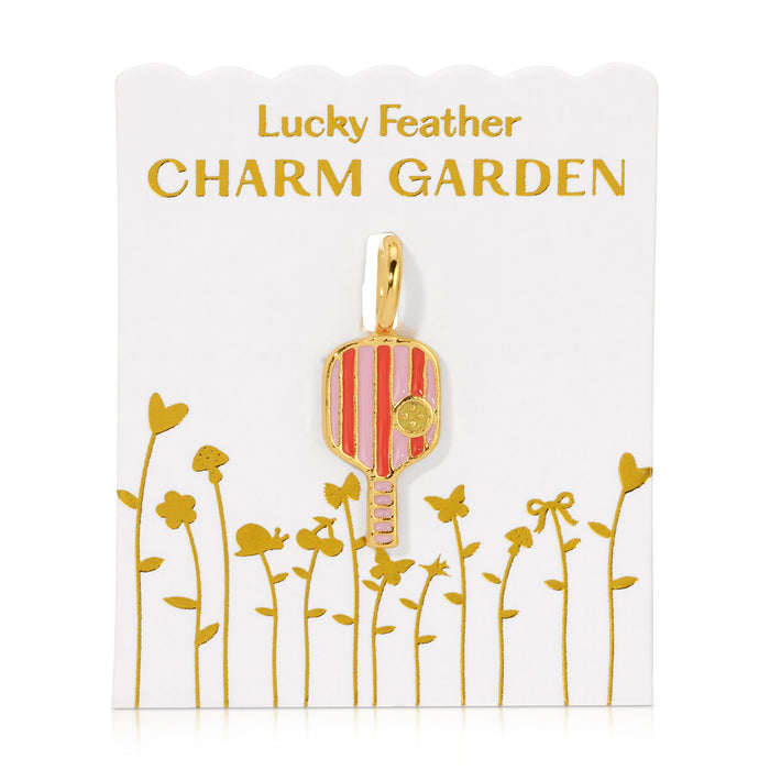 A pickleball paddle charm is displayed on a 'Lucky Feather Charm Garden' card.