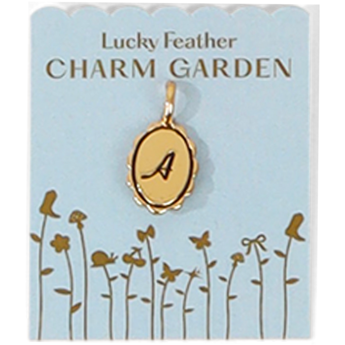 Lucky Feather Charm Garden card with a gold-colored oval charm pendant displaying the letter 'A'.