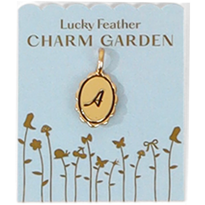 Lucky Feather Charm Garden card with a gold-colored oval charm pendant displaying the letter 'A'.