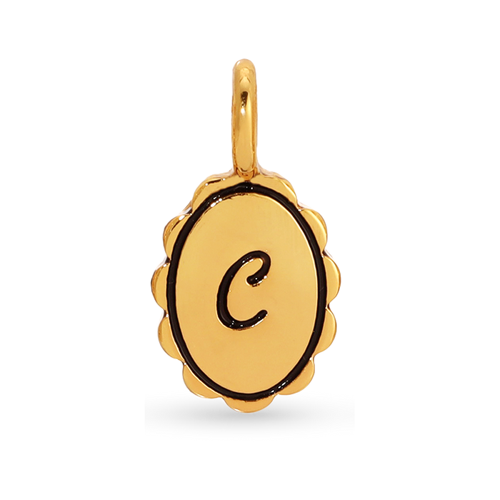A gold charm with the letter 'C' in black.