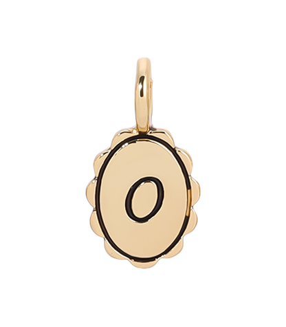 A gold-colored pendant shows the letter 'O' on a scalloped, oval-shaped charm.