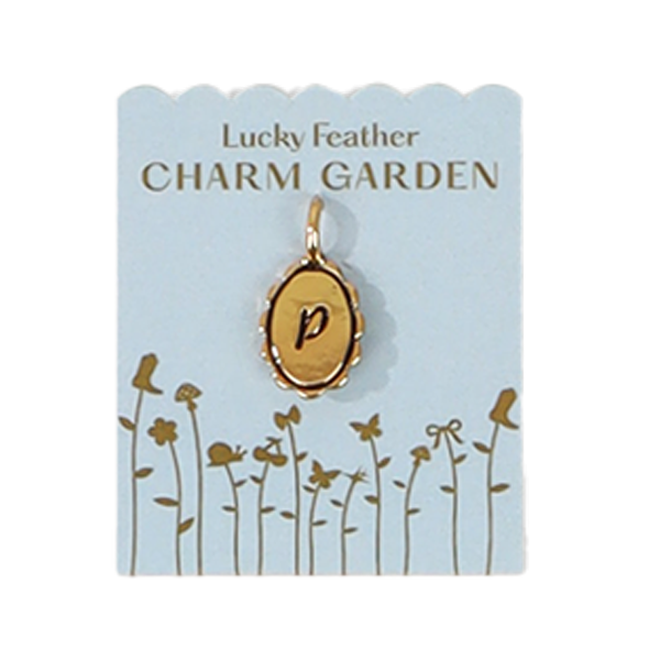 A 'Lucky Feather Charm Garden' display card holds a gold letter 'p pendant.