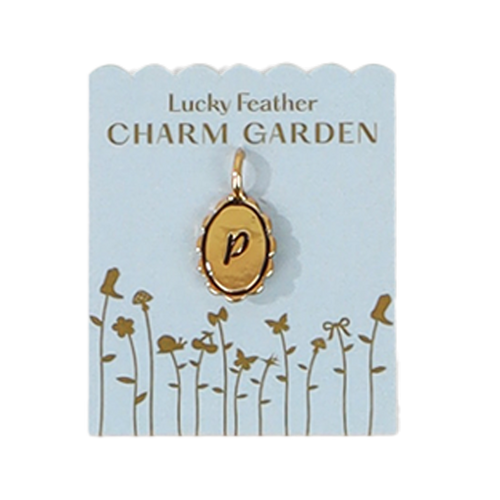 A 'Lucky Feather Charm Garden' display card holds a gold letter 'p pendant.