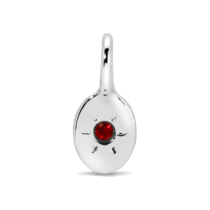 A silver pendant with a red stone in the center.