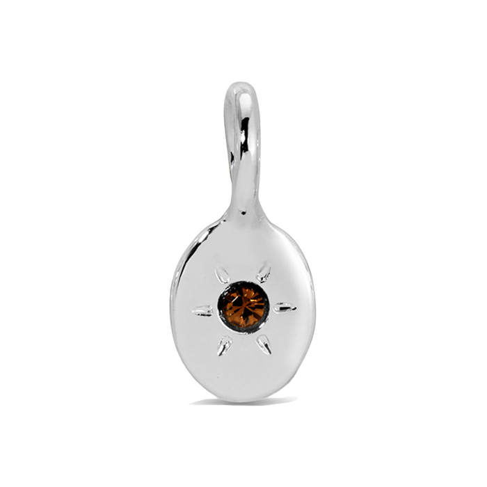 A silver charm with a brown jewel-like stone in the center is displayed.