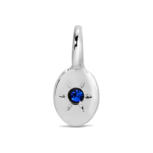 Silver pendant with a blue gemstone.