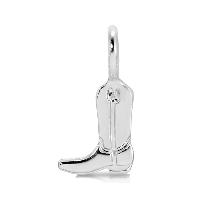 A silver cowboy boot charm is displayed on a black background.