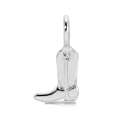 A silver cowboy boot charm is displayed on a black background.
