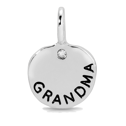 Silver charm with the word 'Grandma' and a small gemstone.